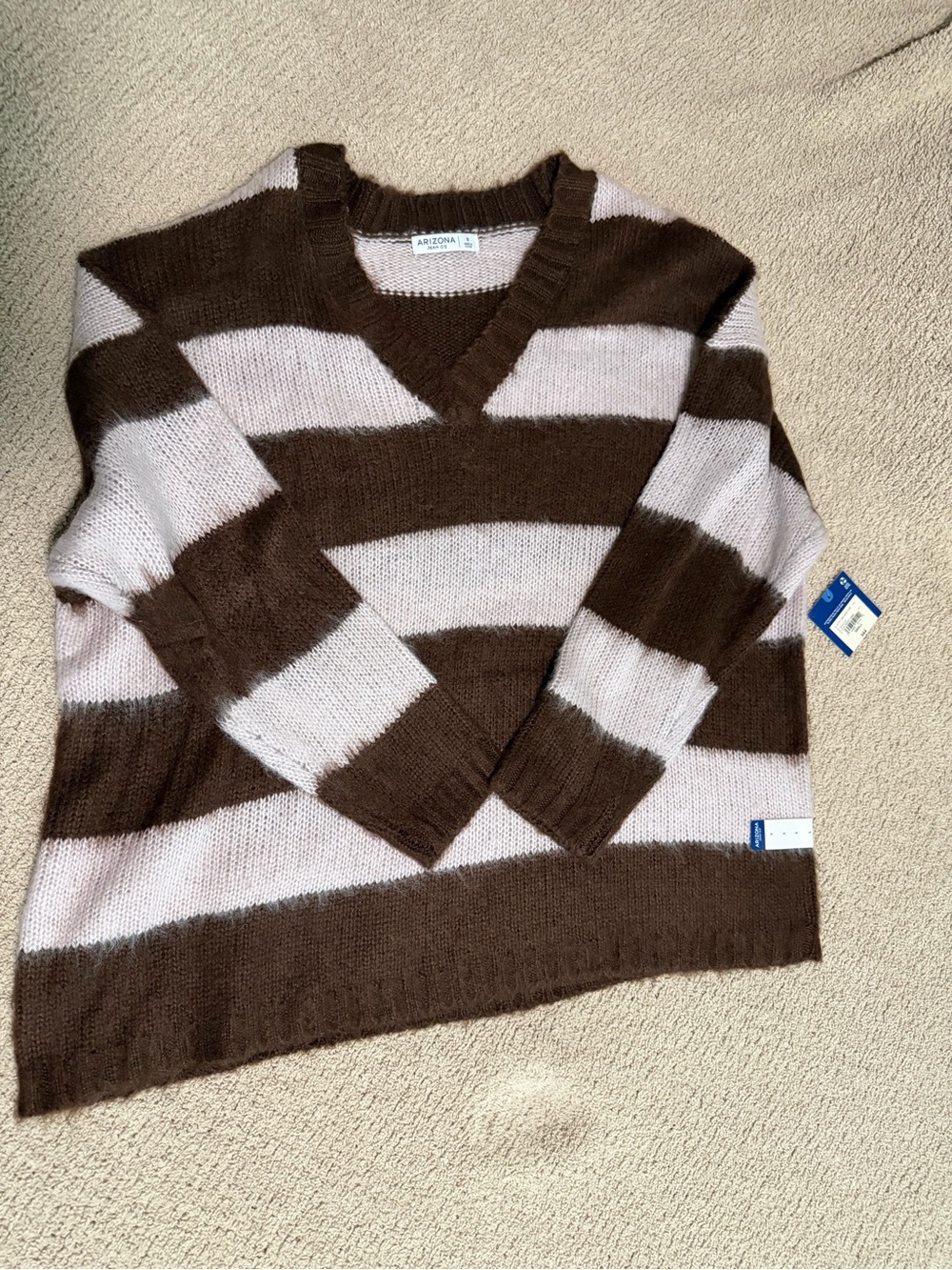 Arizona Jean Company Striped V-Neck Sweater - Brown & Light Pink